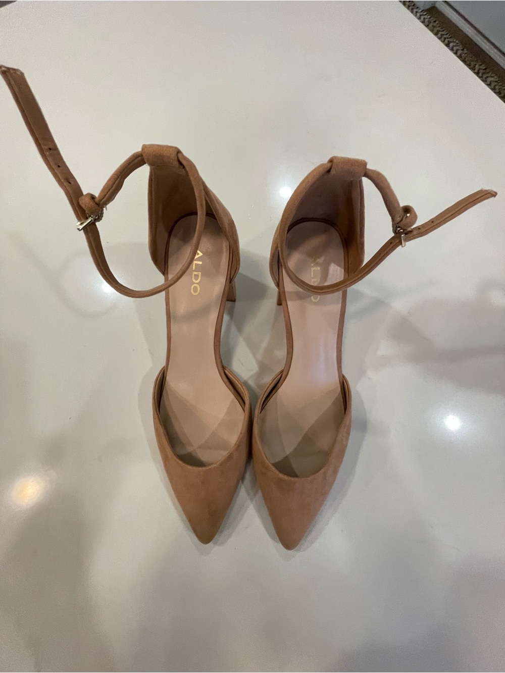 ALDO Tan Suede Pointed-Toe Ankle-Strap Heels